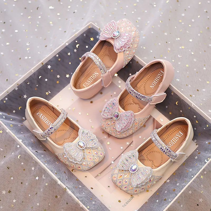 

Girls Leather Shoes Shiny Crystal Kids Flat Shoes Sweet Bow-knots 2025 Spring Autumn New Children Princess Shoes Hook&loop Soft