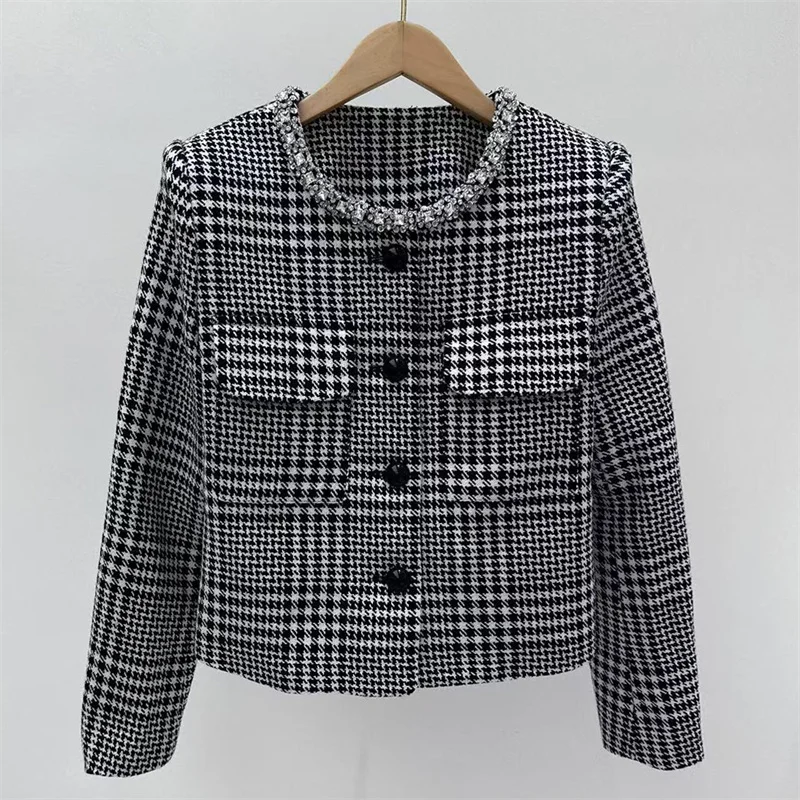 

Women's jacket New autumn 2025 single breasted slim fit round neck long sleeved top Sparkling rhinestone decorative women's coat