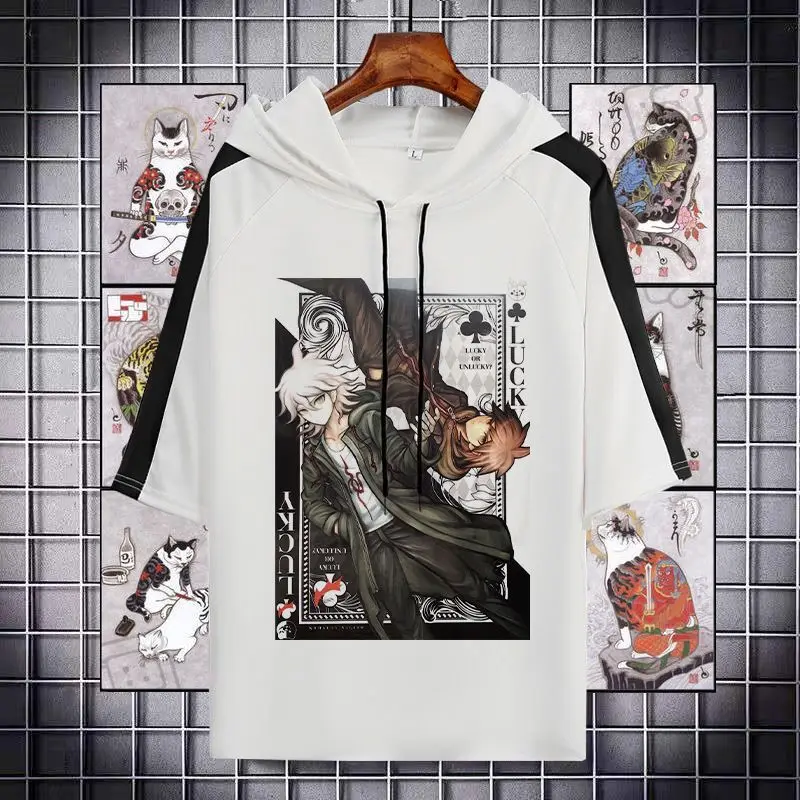 

Danganronpa Black White Bear Naegi Makoto Hooded Mid-Sleeve Anime Merchandise Men And Women Short Sleeve T-Shirt Trendy