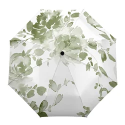 Sage Green Watercolor Flowers Automatic Umbrella Travel Folding Umbrella Portable Parasol Windproof Umbrellas