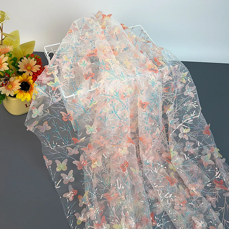 90x130cm Farbverlauf Schmetterling Pailletten Tüllstoff 3D Bestickter Netzstoff Hintergrund Party Deko Material Bühnenkostüme Ethnische Kleidung – Detail 8