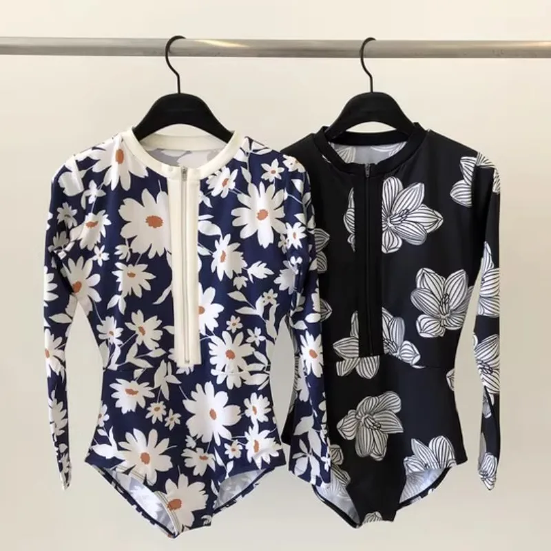 Korean Fashion Young Women Surfing Swimsuits Beautiful Flower Printed Half Open Zipper Long Sleeve One-piece Jumpsuits Beach Y2K