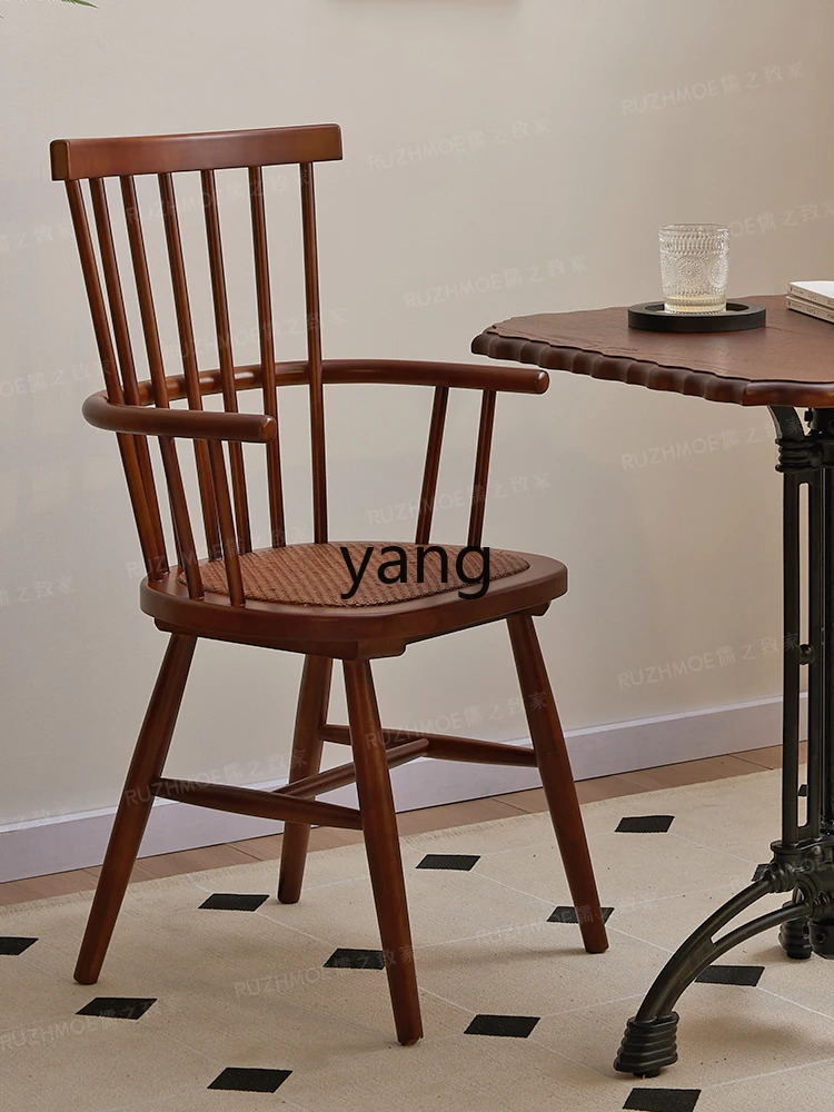 Yjq Solid Wood Antique Scallop Vintage Study Rattan Backrest Chair Retro French Dining Chair