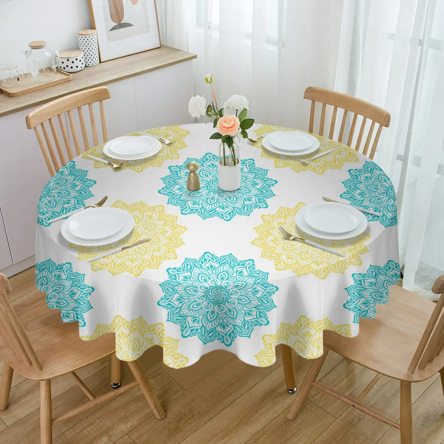 Mandala Pattern Yellow Texture Tablecloths for Dining Table Waterproof Rectangular Table Cover for Kitchen Living Room