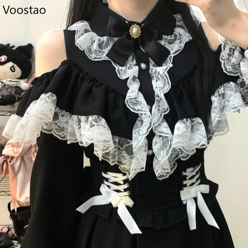 Y2k Lolita Style Blouses Women Fashion Kawaii Lace Mesh Ruffles Bowknot Off Shoulder Long Sleeve Shirt Gothic Girls Vintage Tops