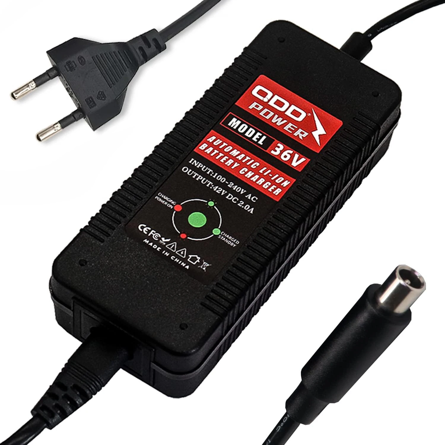 QDD 42V 2A Universal Lithium Battery Charger For 36V Battery Packs with 1-Prong RCA(DC 8MM) Connector