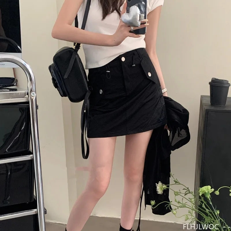 American Retro High-Waisted Drawstring Utility Skirt 2025 Summer Fashion Solid Cute Japan Girls Outfits Date Mini Skirts