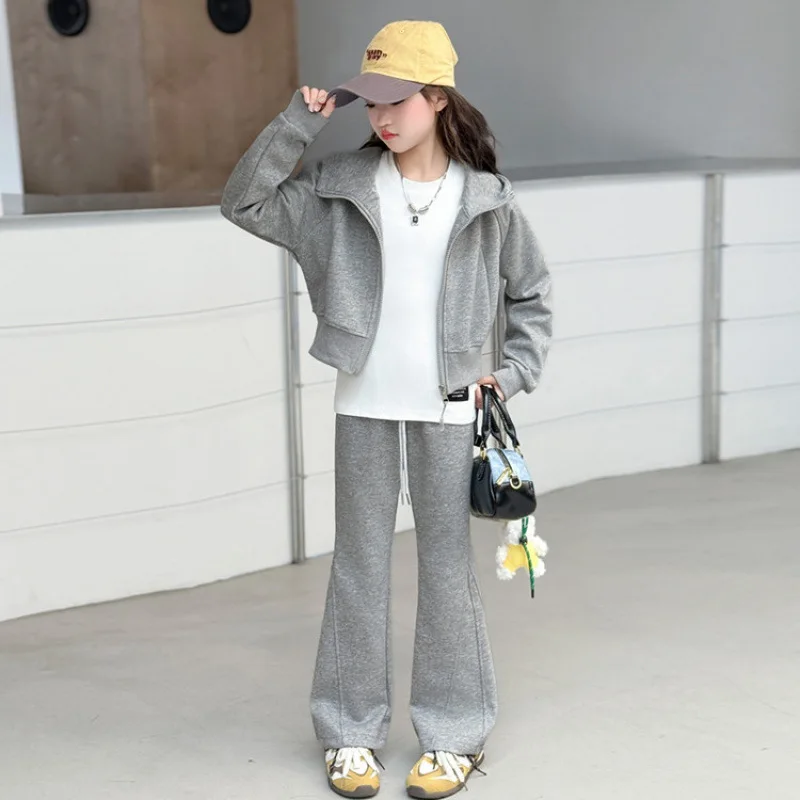 2026 winter Autumn teenager kids girl Children set Clothes crop top Hooded + slim Straight pants 4 6 7 8 9 10 11 12 14 15 Year