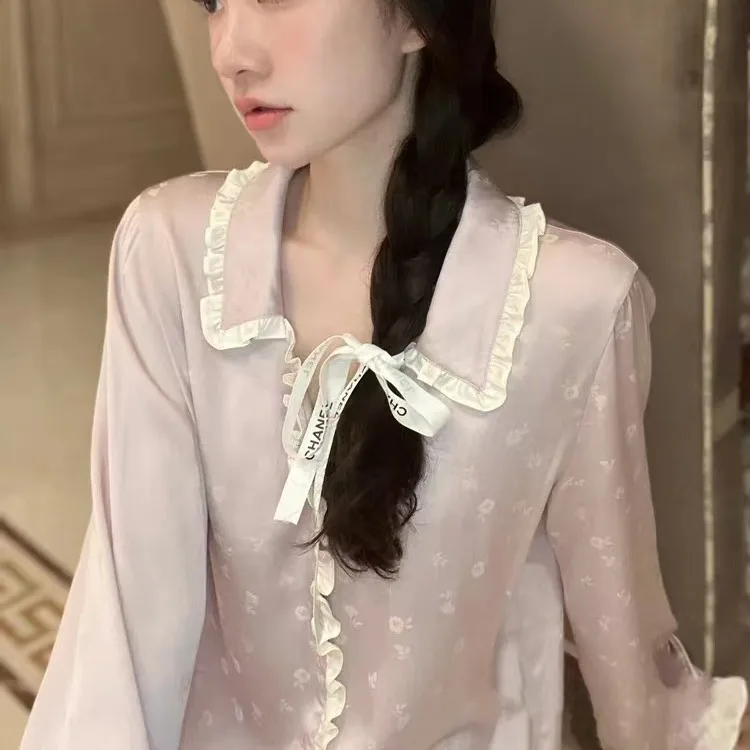 Ice Silk Pajamas For Women 2024 New Pure Middle Belt Desire Long Sleeved Home Fury Sweet And Elegant To Wear Thin Style Printing