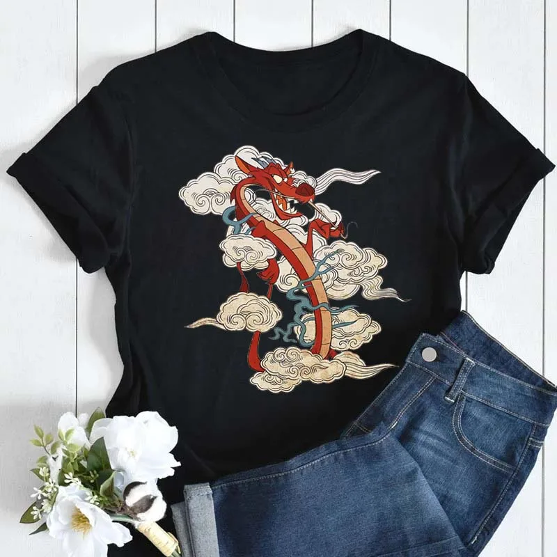 Disney Mulan Print T-shirt Women Harajuku Aesthetics Casual Tops Tshirt New Summer Fashion Mushu Printed Female T Shirt Tops