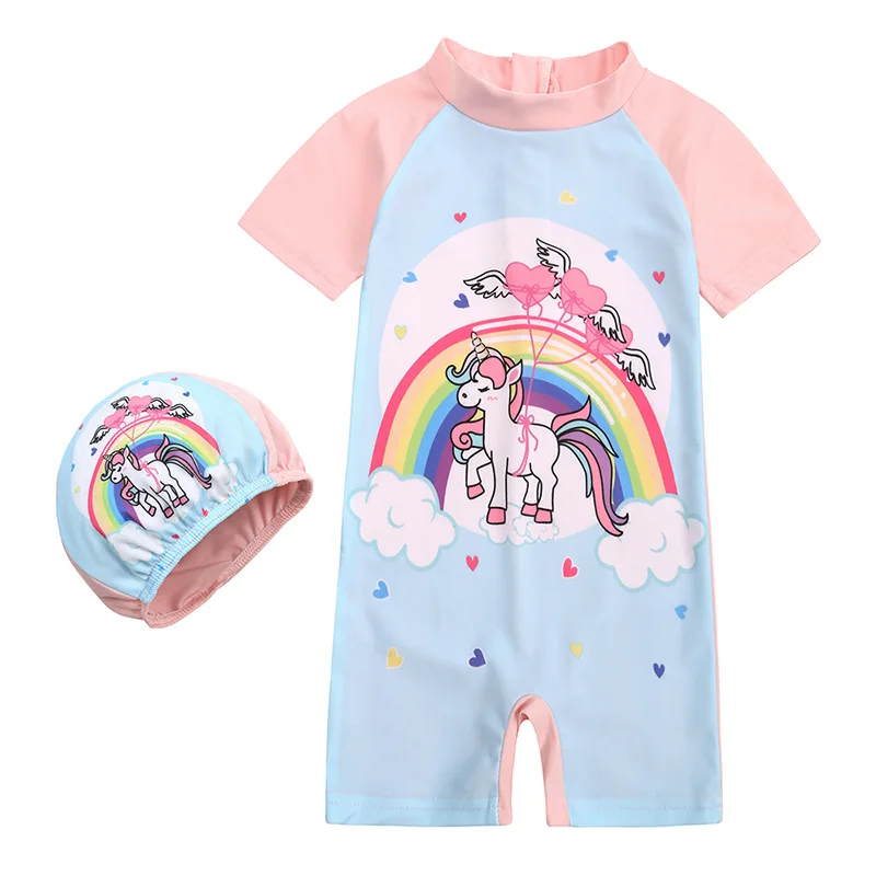 2pcs/set Girls 1-8Y One Piece Swim Suit for Baby Infant Toddler Swim Surf Wear Children Kids Rainbow Unicorn Print With Cap