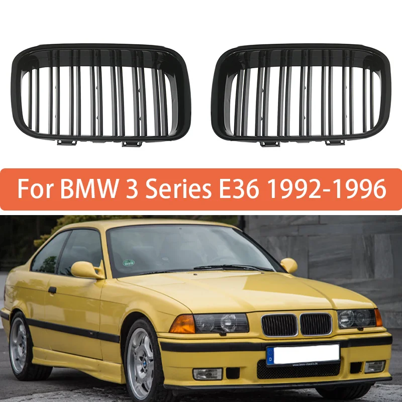 

Pair Front Hood Bumper Kidney Grille Black For BMW 3 Series E36 1992 1993 1994 1995 1996 1997 1998 1999 Double Slat Hood Grille