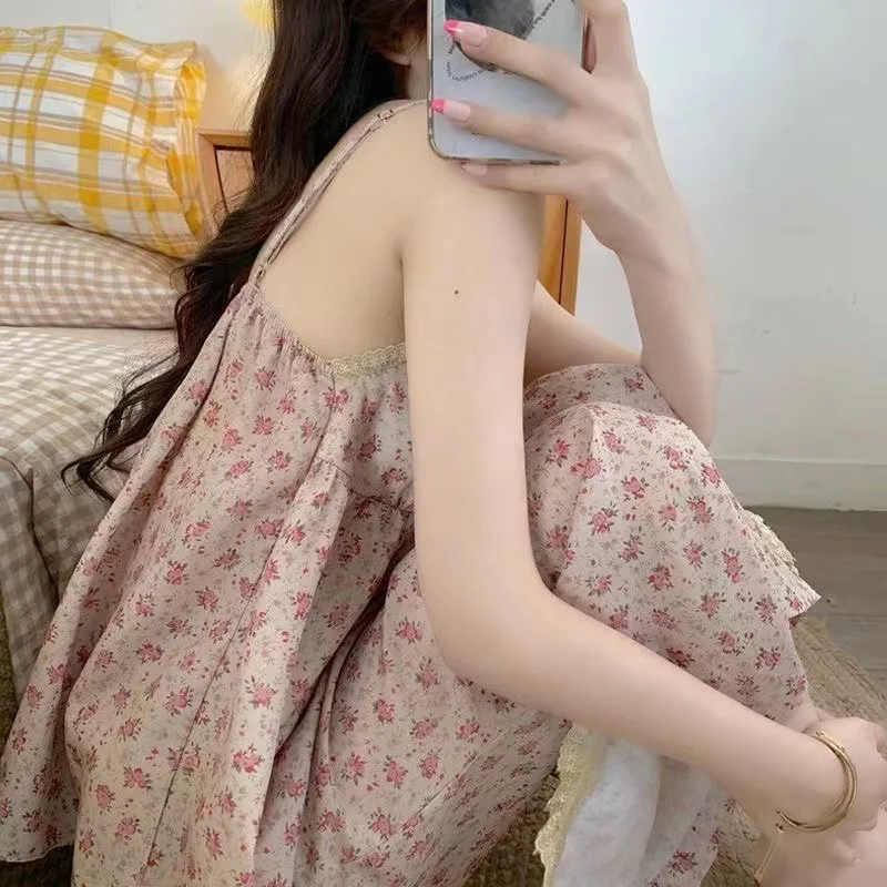 New Summer Vintage Floral Print Pajama Set with Padded Straps and Long Pants for Girls – Women's Summer Loungewear and Sleepwear