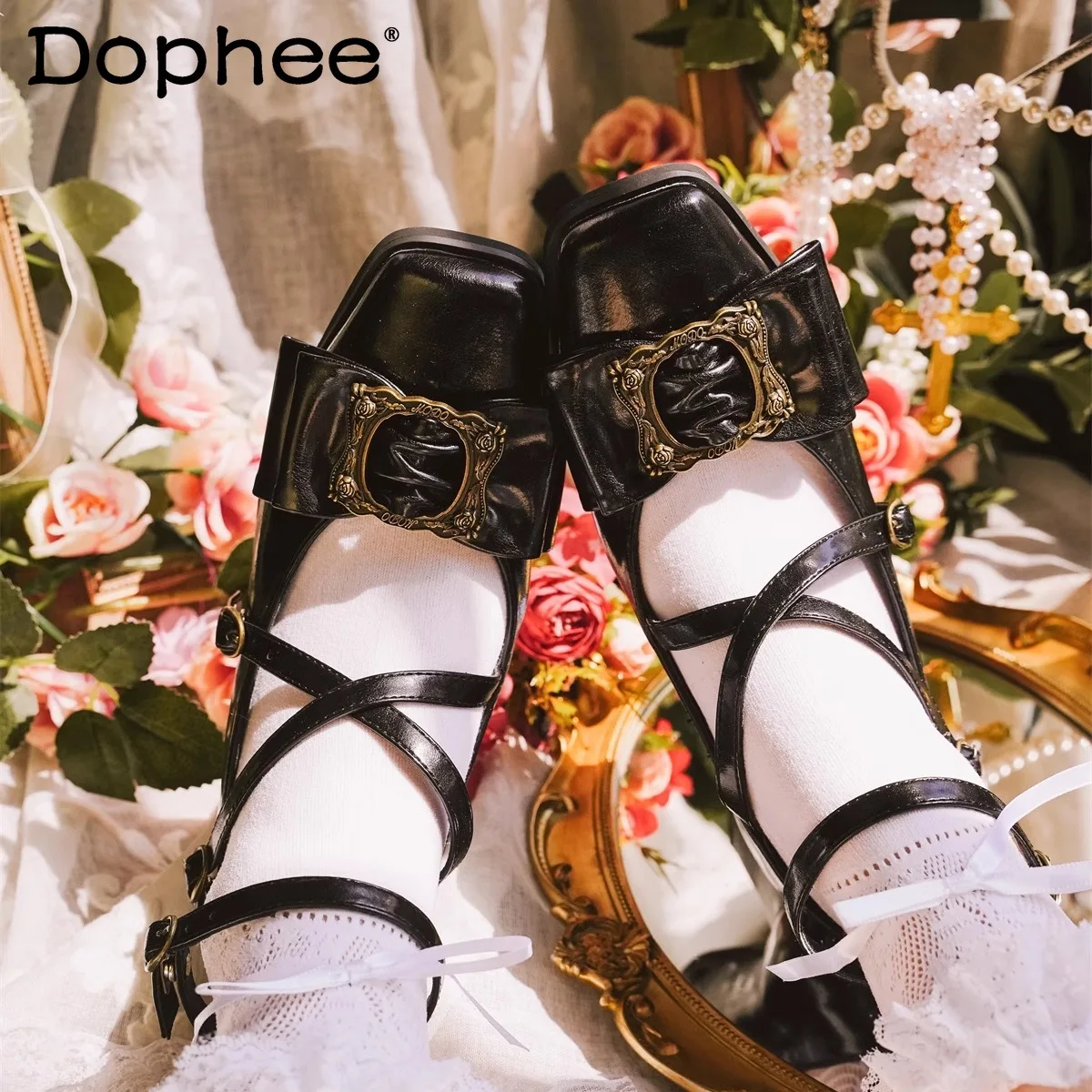 

French Elegant Retro High Heels Spring and Autumn Women's Cla Princess Tea Party Lolita Mary Jane Shoes Ladies Leather Shoes