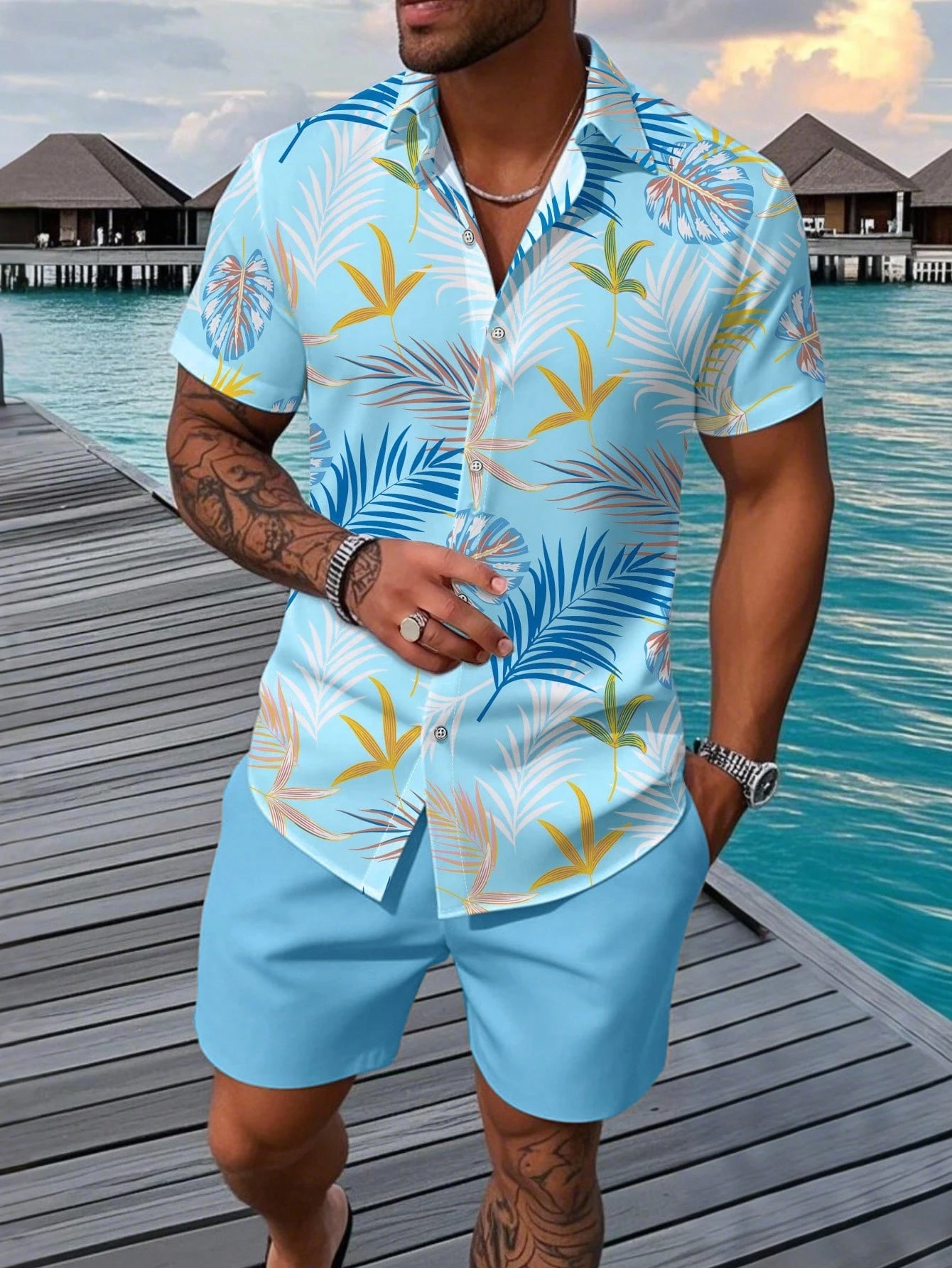 Herren-Hemdset mit Blumenmuster, hawaiianisches Kurzarmhemd und einfarbige Shorts, tropisches Herrenhemd, Herren-Urlaubshemdanzug