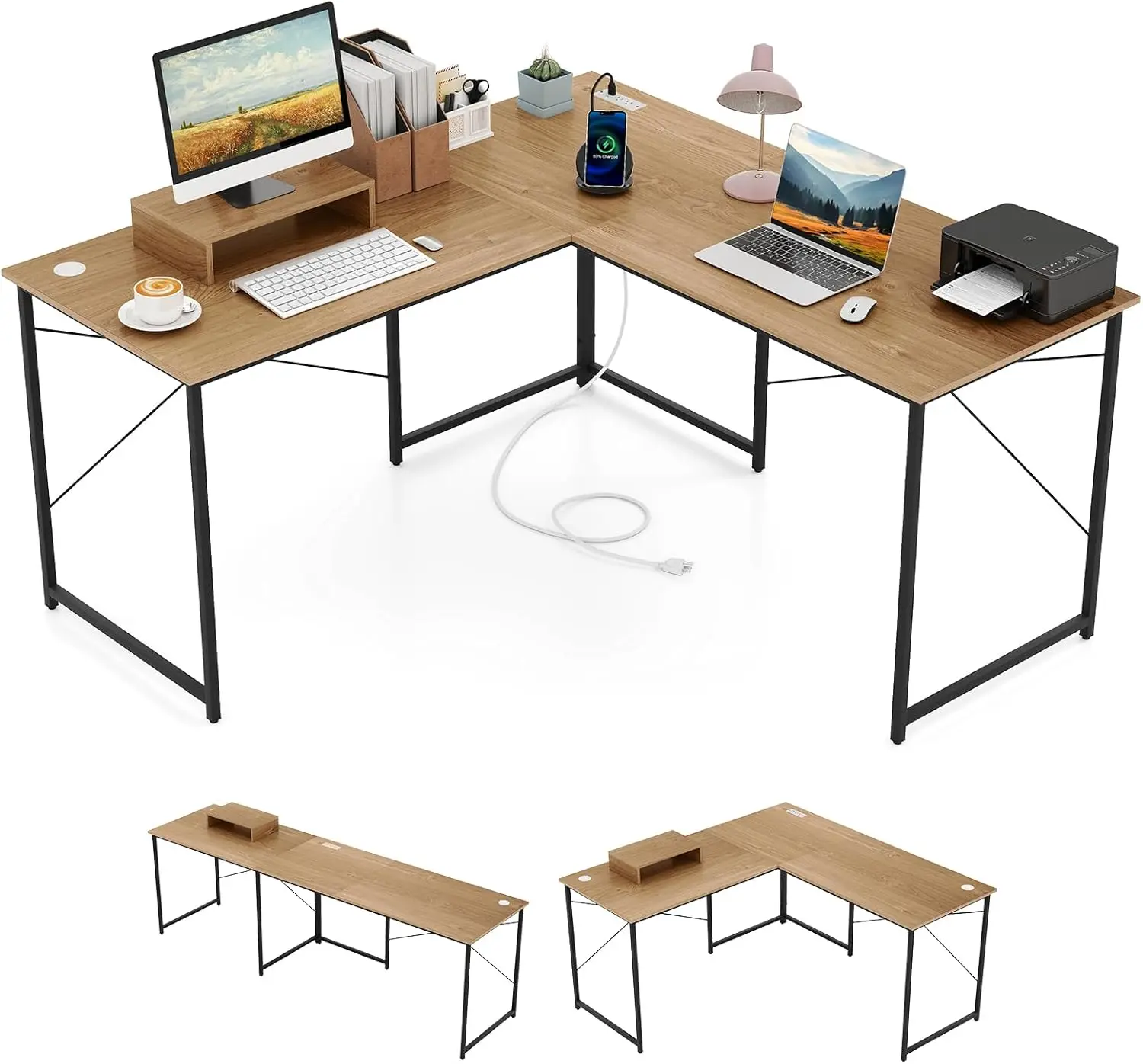 

L-Shaped Computer Desk with Power Outlets, 95” Long 2-Person Desk with Monitor Shelf, Modern Corner Desk Gaming Table w