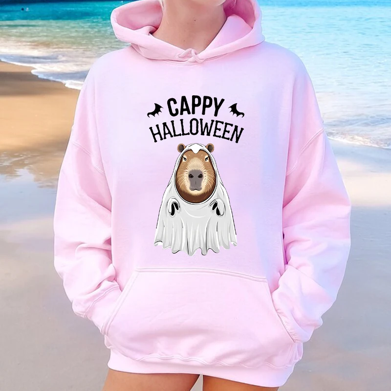 Cappy Capy Halloween Capybara Kawaii Ghost Print para mujer, sudaderas con capucha, suéter de terciopelo, Tops sueltos, Otoño e Invierno