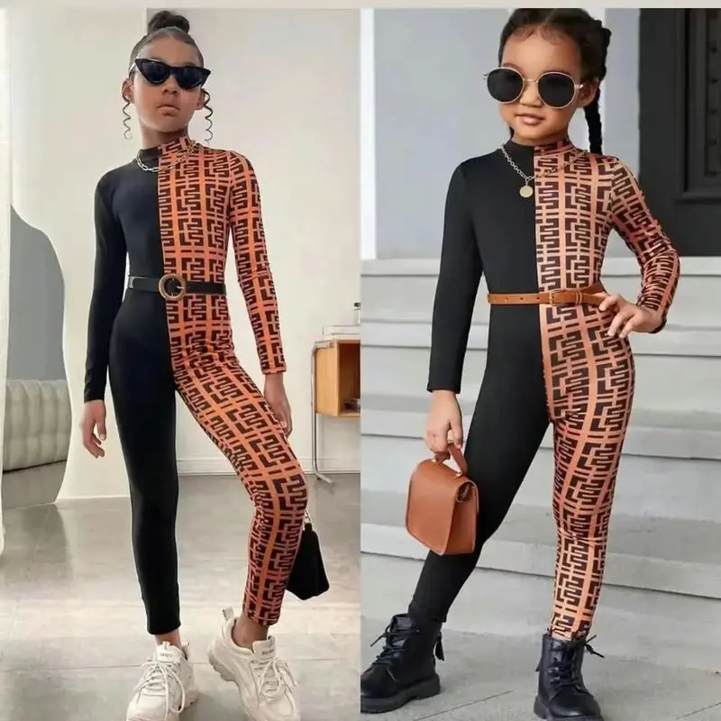 2024 Kids Girls Long Sleeve Jumpsuit Graphic Print Mock Neck Unitard Romper Fashion Clothes Without Belt Spring Autumn Children