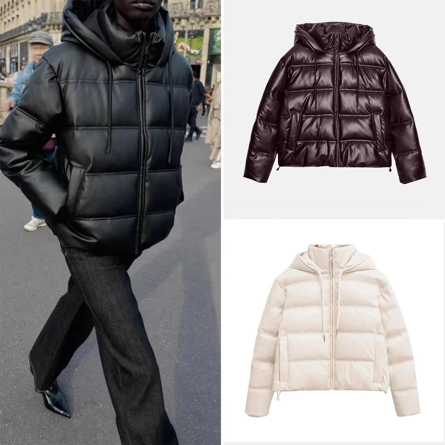 ファッショナブルな長袖フェイクレザージャケット フード付き 秋の新作 レディーススタイル ショートアウター スタンダードフィット Z