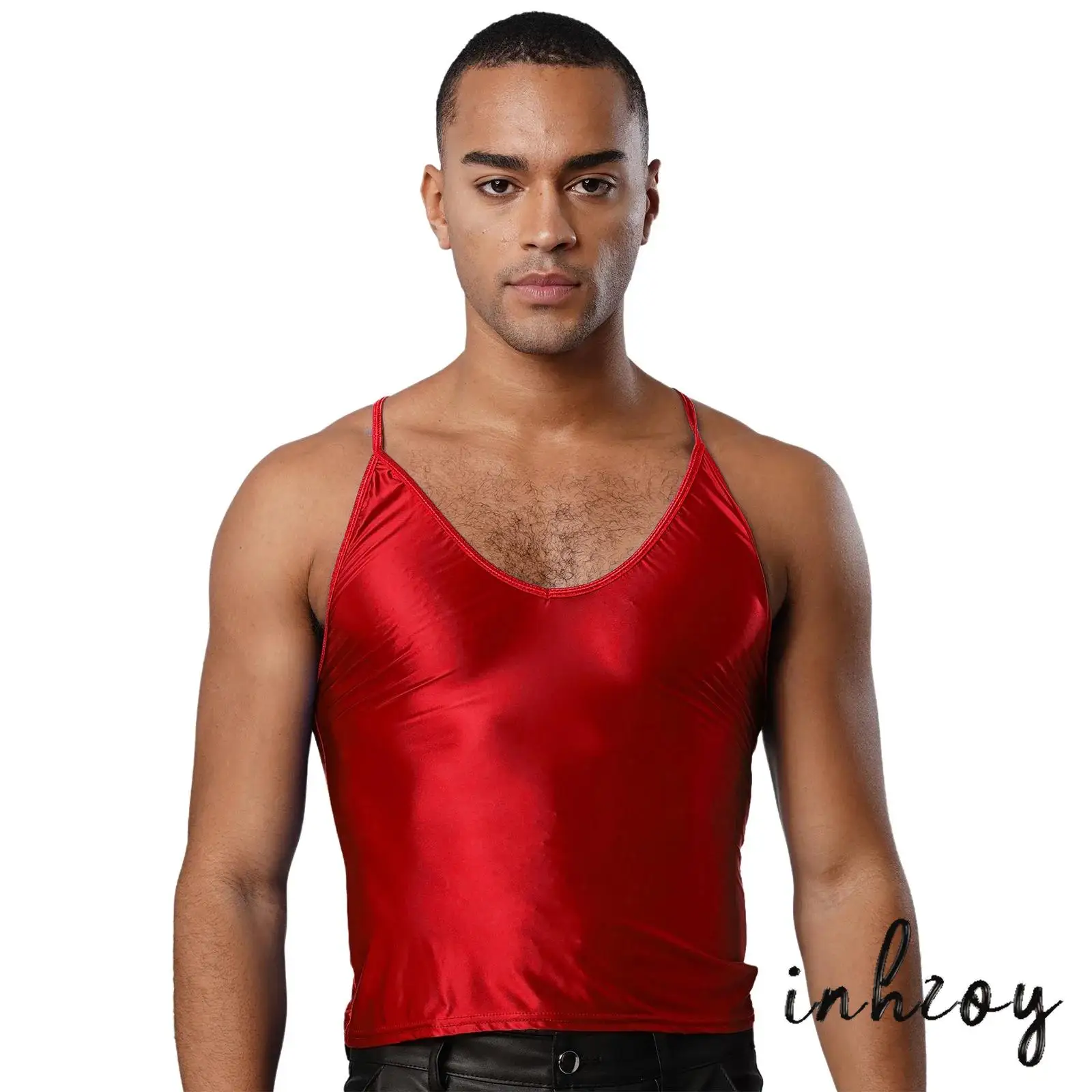 

Mens Glossy Stretchy Camisole Scoop Neck Sleeveless Sling Tops Crop Tops Vest for Bodybuilding Gym Sports Clubwear