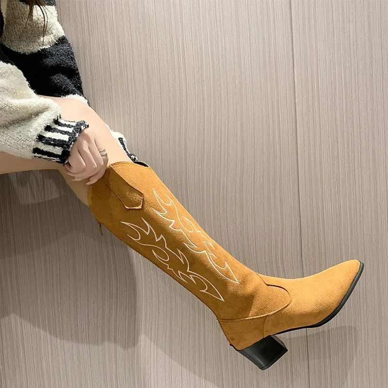 

Western Cowboy Boots Women Mid-Calf Square Heels Booties Ladies Runway Fashion Embroidery Flock Shoes Woman Pointed Botas Mujer