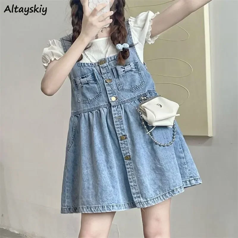 

Preppy Style Mini Dress Women S-5XL Bow Designed Sweet Denim Loose Summer Gentle Girlish Vintage Distressed Harajuku Y2k Popular