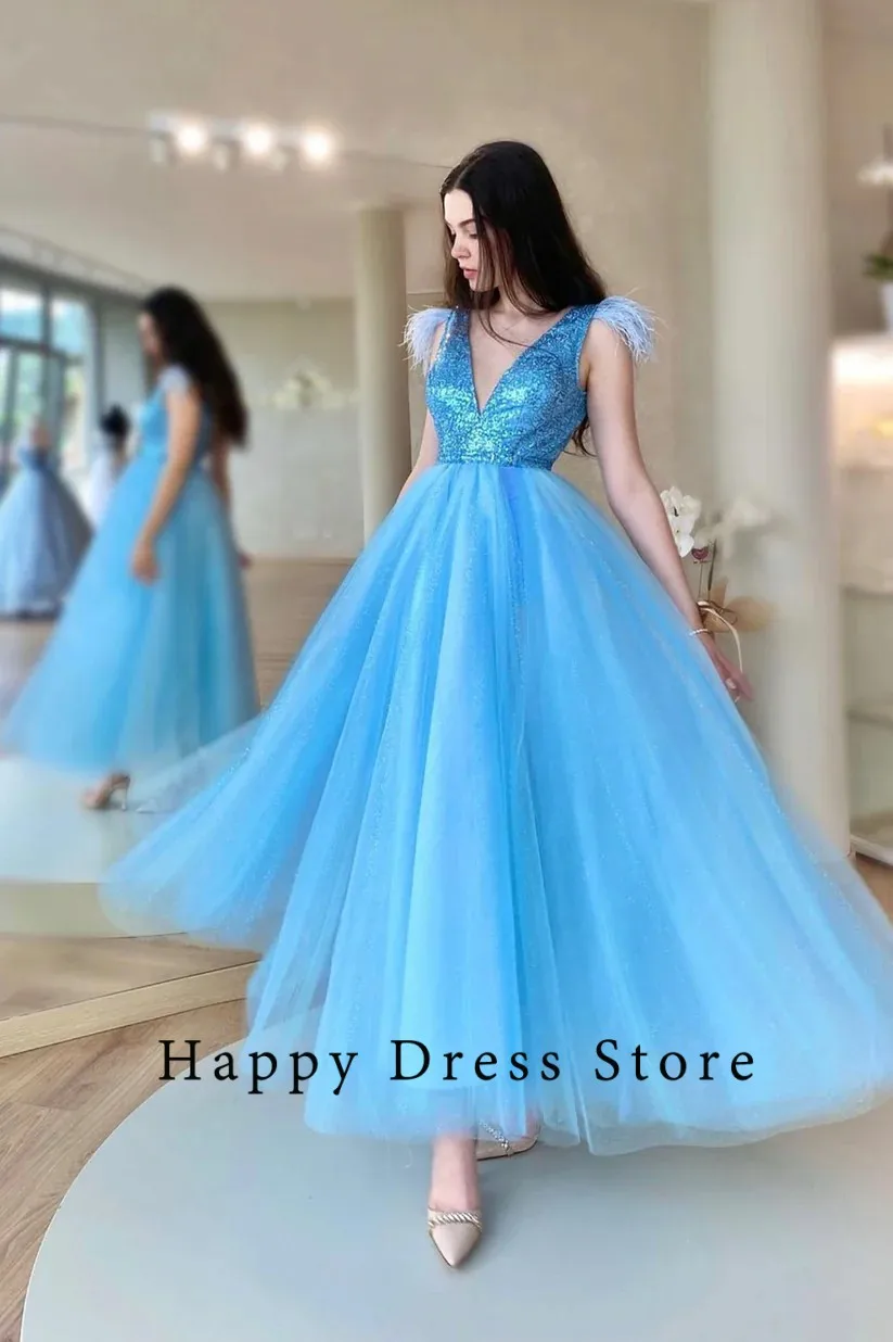 

Elegant Modern Prom Dresses For Women A-Line V-Neck Tulle Sequined Feather Backless Custom Birthday Evening Party Birthday Gown