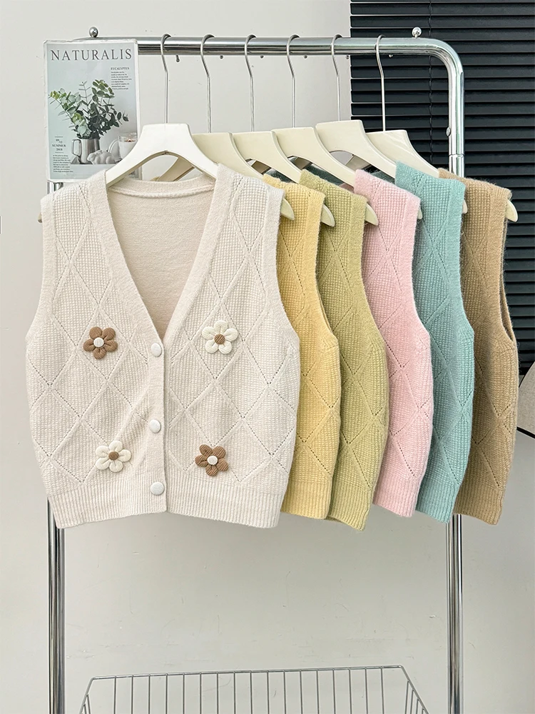 Kimotimo Kawaii 3D Flower Argyle Knit Vest Women 2024 Autumn Winter V Neck Sleeveless Overlap Sweater Cardigan Sweet Casual Tops