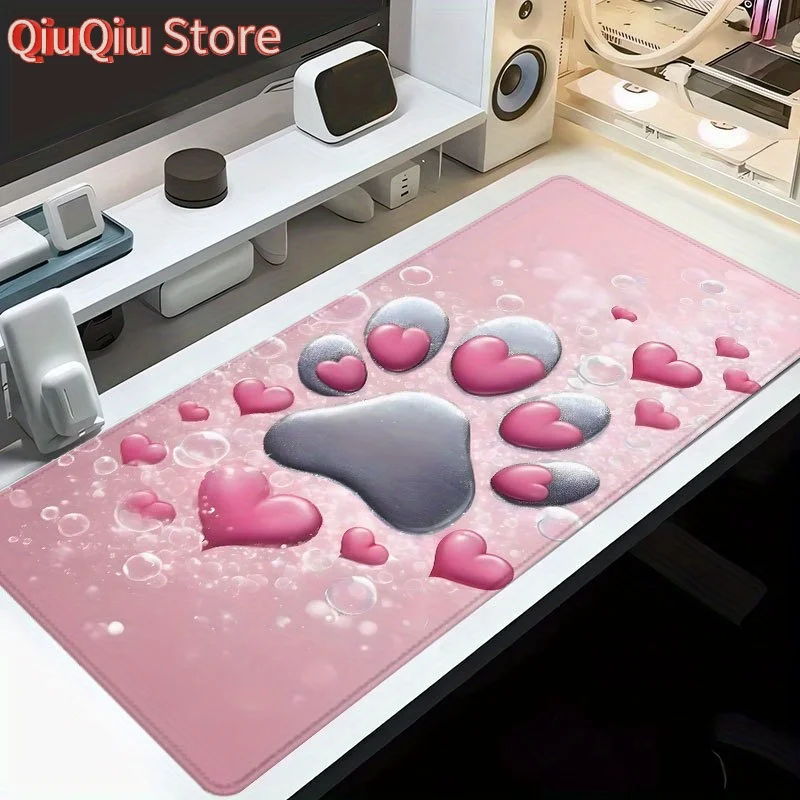 

Extra Large Pink & Grey Cat Paw & Hearts Gaming Desk Pad - 88.9x40.64 cm Non-Slip Rubber Base & Stitched Edge Thick Computer Key