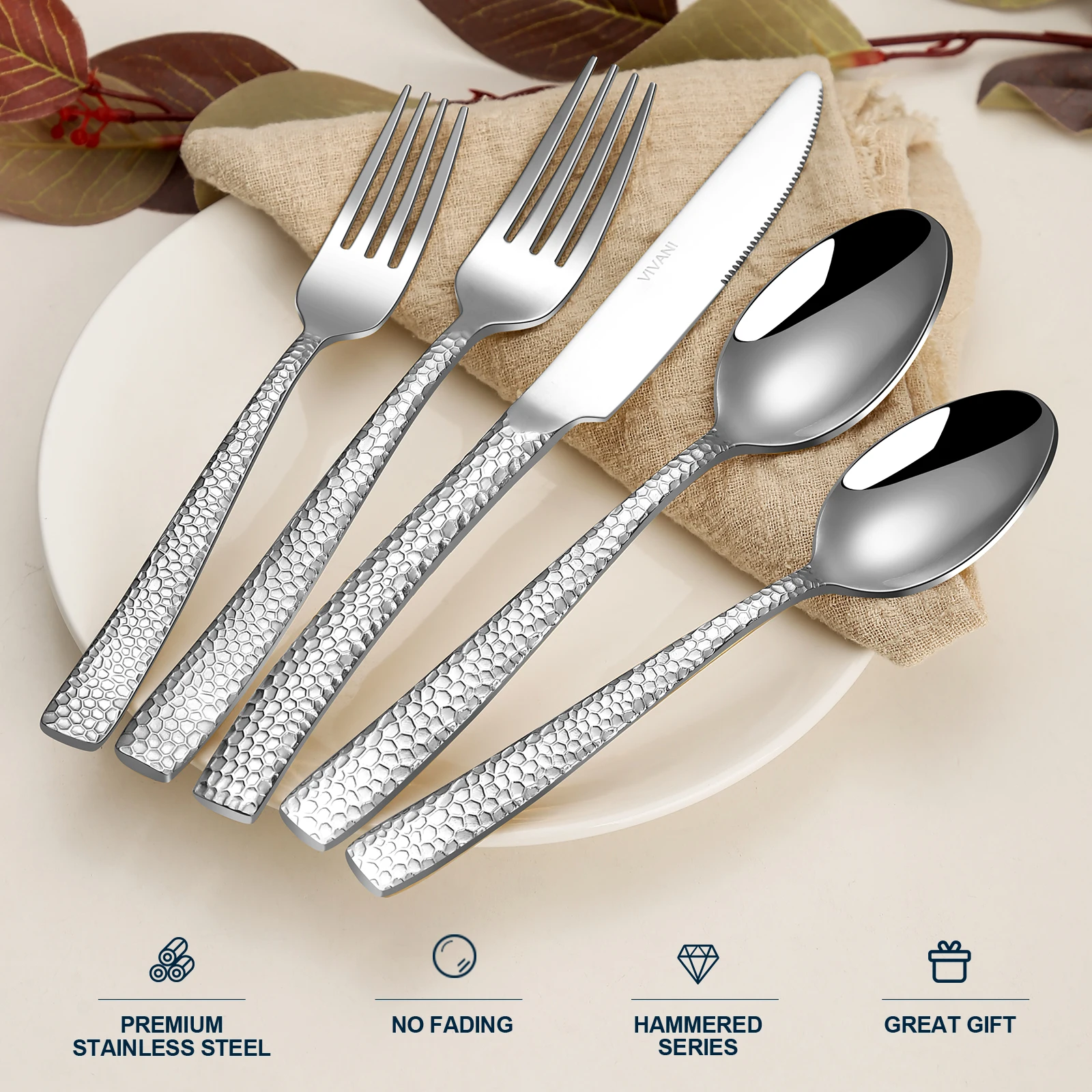 20pcs Stainless Steel Cutlery Set Gold/Silver/Black Hammered Stainless Steel Flatware Western Tableware Knife Fork Spoon