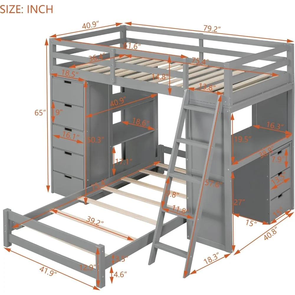 Bunk Beds with Storage,Twin,Desk,USB Ports and LED Light,L Shaped Bunk Bed for Kids,Teens,Adults,Wood Twin Loft Beds