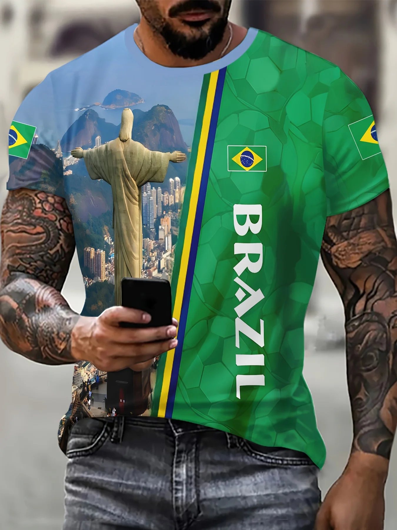 2024 Hot Sale Brazil Theme Jesus Statue Printed Men's Crew Neck Short Sleeve T-Shirt Daily Wear and Resort Casual Summer T-Shirt