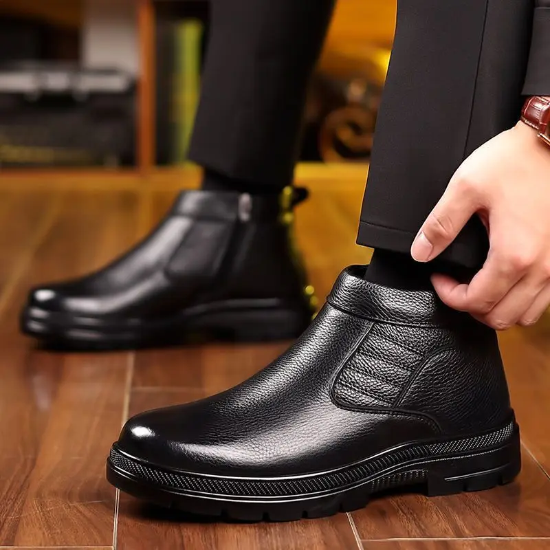 

​Men's Winter Fleece Lined Warm Black Leather Snow Boots Thickened Anti Slip High Top Warmth Business Casual Shoes for Men​