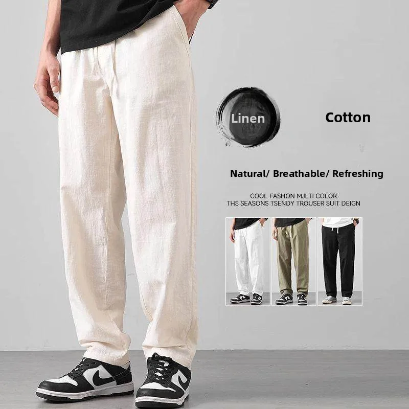 

Men's Casual Linen Cotton Blend Summer Thin Nine-Piece Loose Fit Long Pants Breathable Comfortable Lightweight Trousers