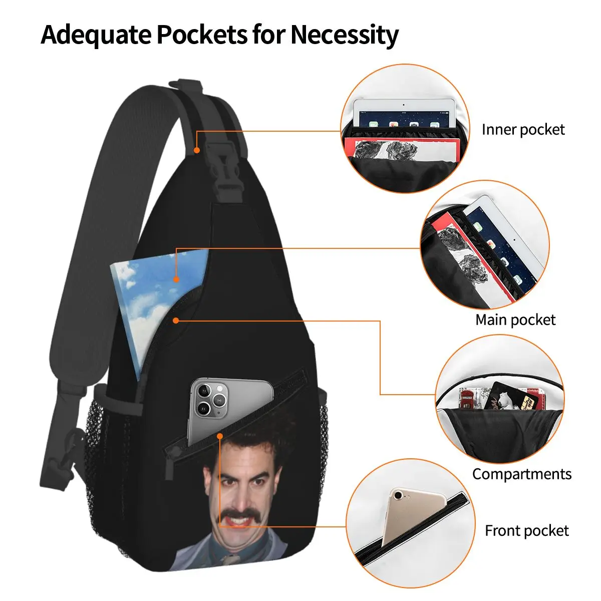 Mens Womens Borat Gifts For Music Fan Chest Bag Men Sling Crossbody Backpack Chest Bag Traveling Hiking Daypack Shoulder Bag