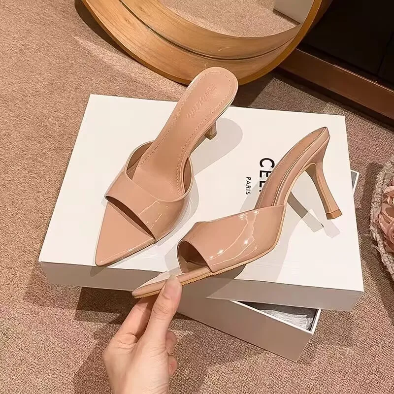 Summer New Popular Solid Color All Match Fine Heels Comfortable Women's Shoes Fashionable Pointy Open Toe Sexy High Heel Slipper