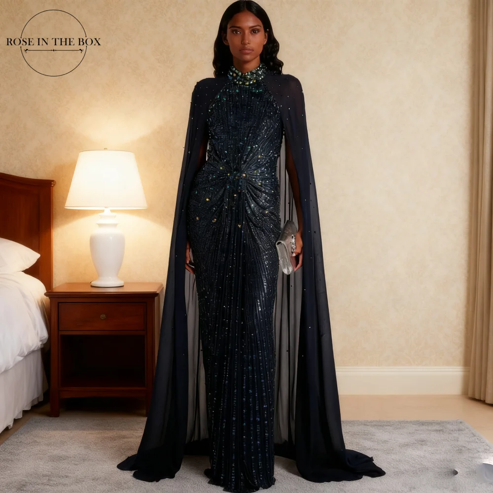

ROSEINTHEBOX Customized High Neck Luxury Lace Evening Dresses with Shawl Beaded Mermaid فساتين سهرة Formal Dress
