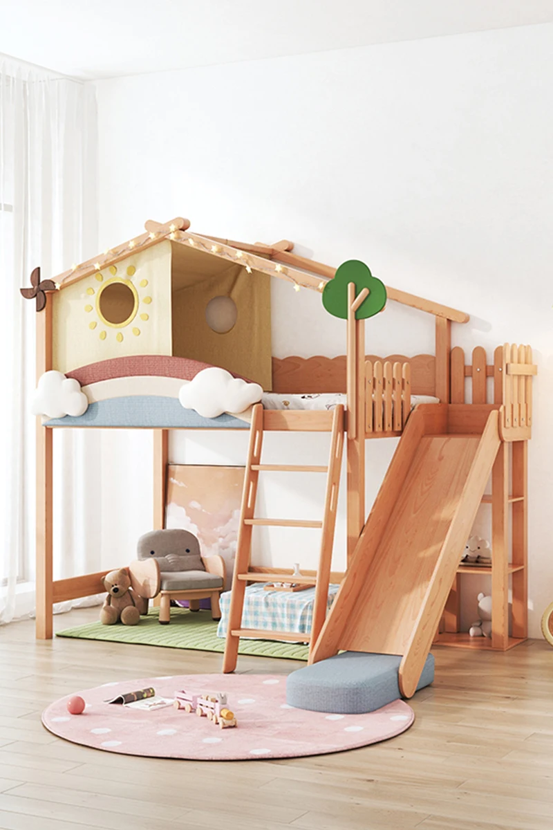 

Sky City solid wood high and low bed, upper and lower bunk slide bed, double layer tree house bed, children's room, half height