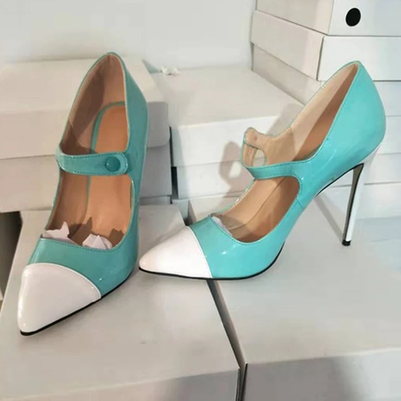 Bright Mixed Colors Ankle Wrap Buckle High Heels Woman Shoes Pointed Toe Patchwork Stiletto 10cm Heeled Height Party Women Pumps
