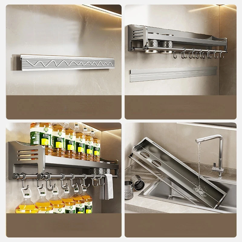 Kitchen Storage Rack, Non Perforated Stainless Steel Household Wall Mounted Seasoning Chopsticks Knife Holder Storage Rack