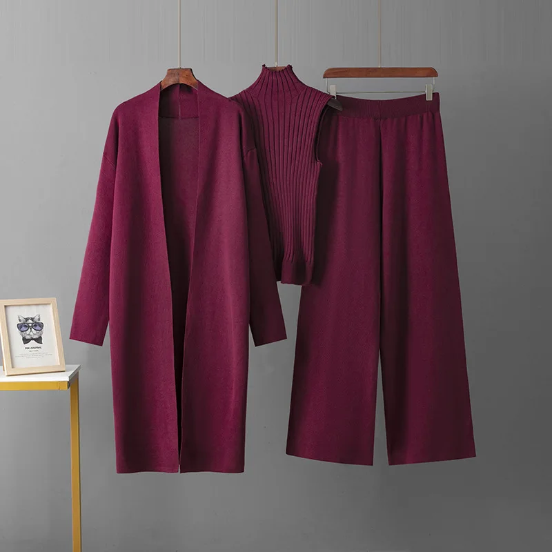 

Women Knit Two Piece Pant Sets Full Sleeve Thick Long Coat Turtleneck Vest Wide Leg Pants Casual Suits Regular Autumn Winter
