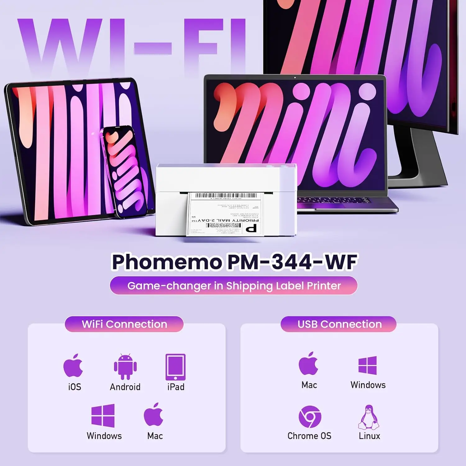 Phomemo WiFi Shipping Label Printer, 300DPI Wireless WiFi 4x6 Thermal Label Printer for Small Business Shipping Packages