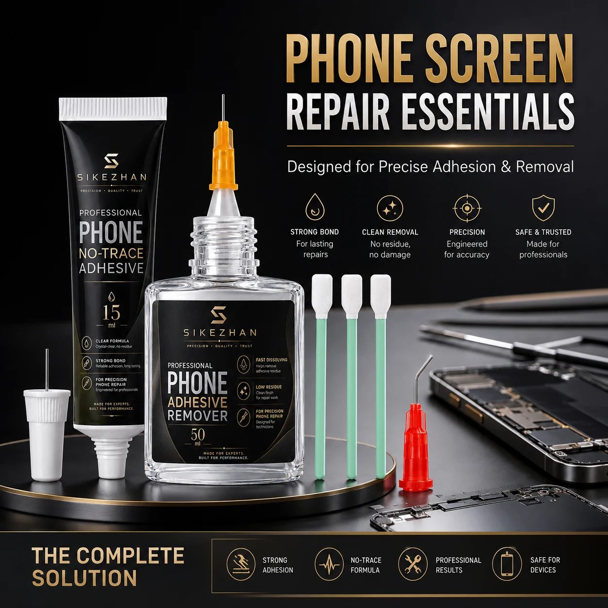 Phone Repair Bonding and Removal Kit 15ml Adhesive 50ml Remover Fine Needle Tips Cleaning Swabs for Screen Frame DIY Maintenance