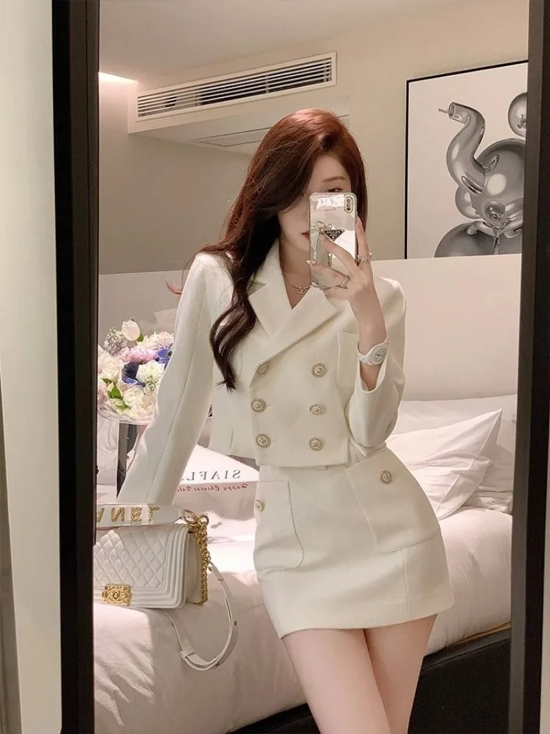 

Новый корейский модный женский комплект из двух предметов с небольшим ароматом, осенний элегантный короткий пиджак с длинными рукавами + тонкая мини-юбка, праздничный костюм