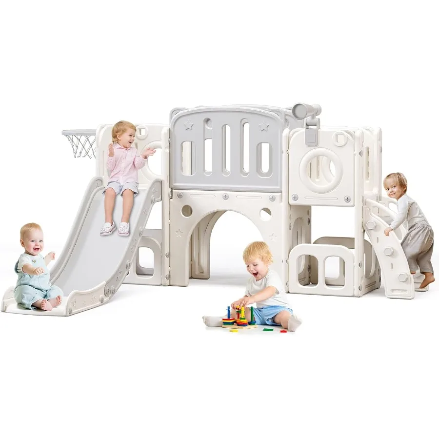

8 in 1 Toddler Slide Climber Slide with Storage Space and Non-Slip Steps Indoor Outdoor Playset with Basketball Hoopa and Teles