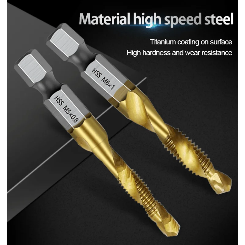6-Piece Titanium Plated HSS Tap Drill Bits - Durable High-Speed Steel Construction for Precision Screw Threading and Machine Com