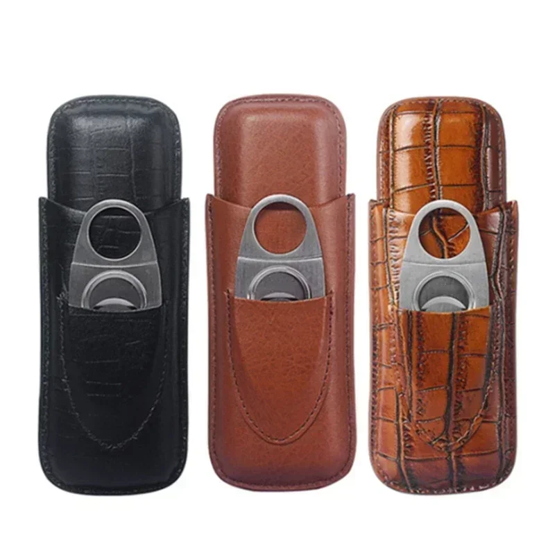 

New Portable Leather Cigar Case with Silver Cigar Cutter Mini 2Tube Leather Case for Cigars Suitable As Holiday Gift for Friends