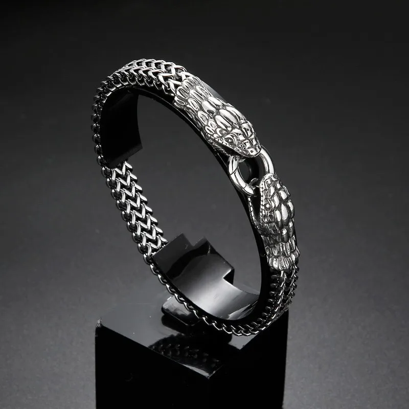 Stainless Steel Double Snake Head Men Bracelet Punk Domineering Snake Bracelet Retro Fashion Couple Men Holiday Gift Bracelet