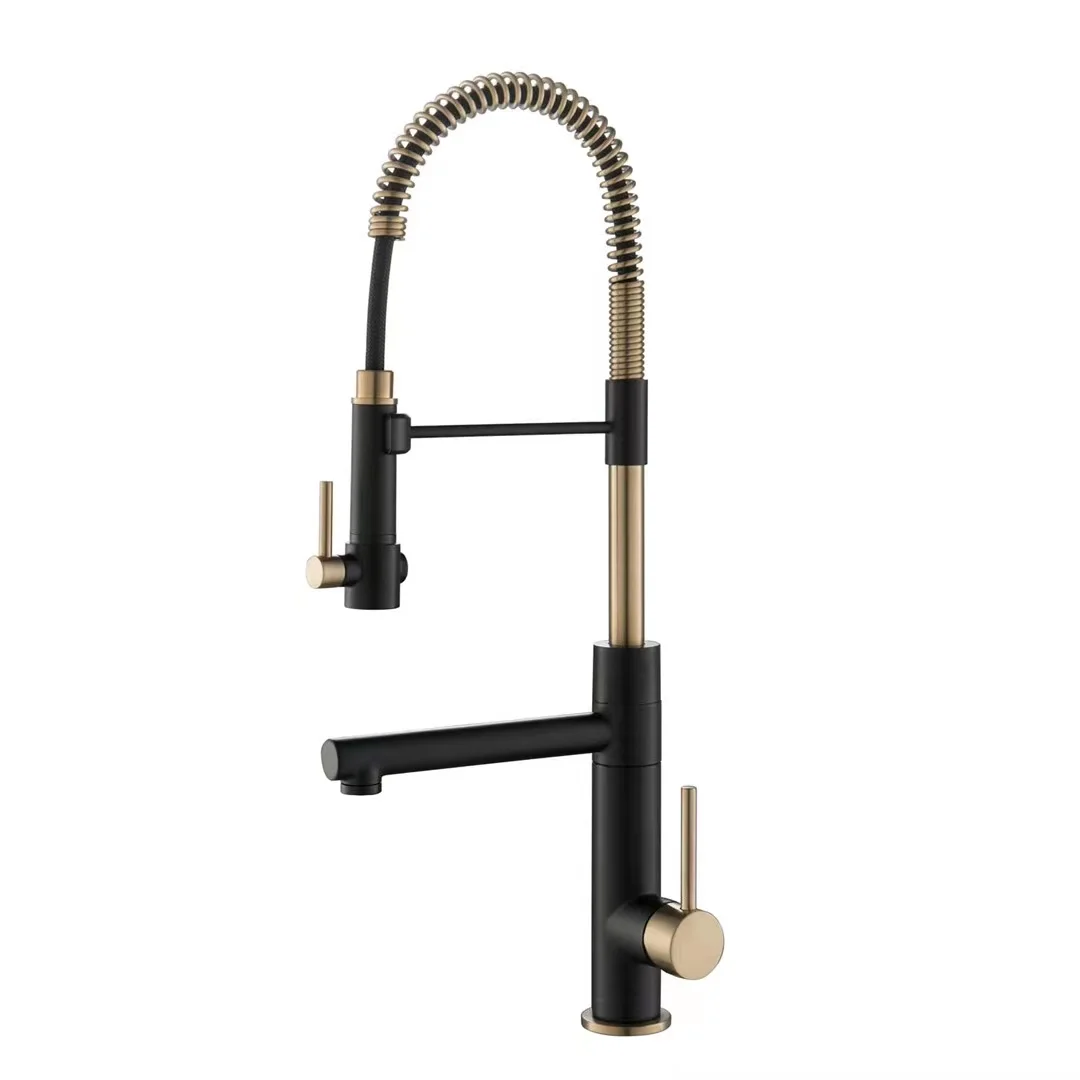 High Quality Luxury Design 304 Stainless Steel Black&Gold Pull Out Kitchen Sink Faucet With Pull Down Sprayer For Kitchen