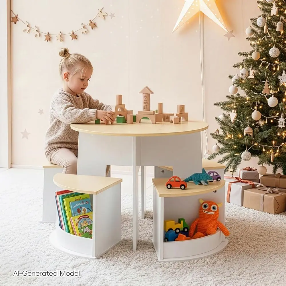 Toddler Table and Chair Set, Wooden Round Table with 4 Storage Stools, Kids Tables and Chairs or Arts, Crats, Read and Play
